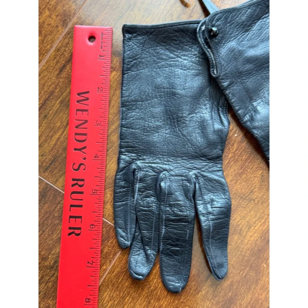 Vintage Black Leather Gloves Women Wrist Length Button Closure Classic Dress